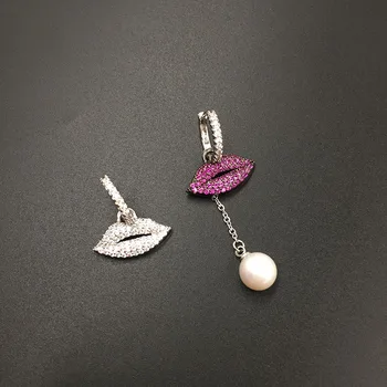 

Women purple Lip Earrings New Asymmetrical Cubic Zirconia Pearl Drop Earrings Female Rhinestone Luxury Jewelry Oorbellen