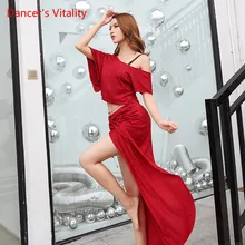 Костюмы для танца живота женский сексуальный красный темно-синий Восточный танцевальный костюм для танцев топ+ длинная юбка 2 шт