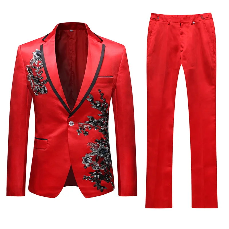 YUNCLOS Черный Аппликация Красный мужской костюм Свадебная вечеринка тонкий мужской костюм s 2 штуки Повседневный однобортный мужской костюм(пиджак+ брюки