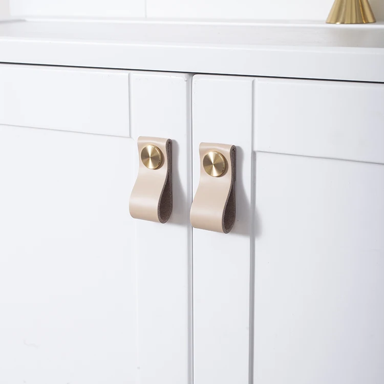 

hand brass real cow leather small handle anti-collision modern simple light luxury drawer wardrobe door cow leather pull hand