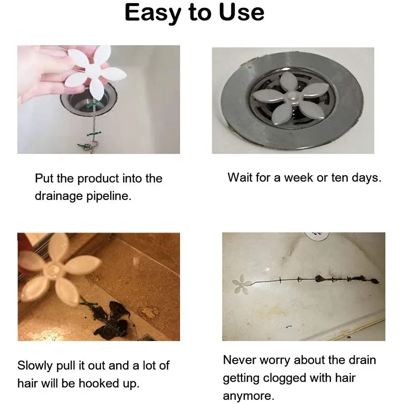2Pcs Premium Drain Hair Catcher Flower Shower Hair Cleaning Chain Bathroom Drain Strainer Hair Catcher Chain Hook 6