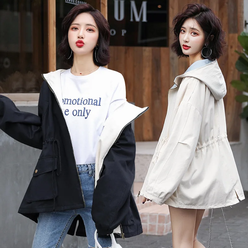 

Fashion Mid-length Hooded Lace-up Workwear Trench Coat 2019 Autumn Slimming