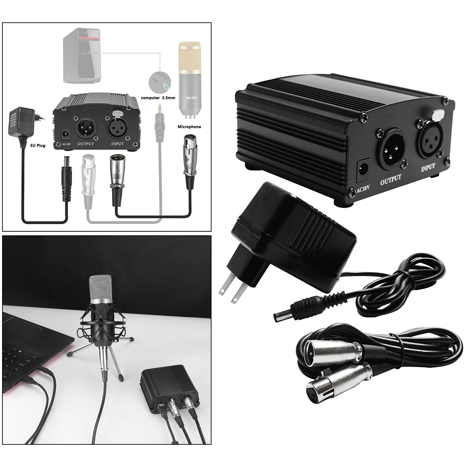48V Phantom Power Supply Powered+XLR 3 Pin Cable for Condenser Microphone,Music Recording Equipment