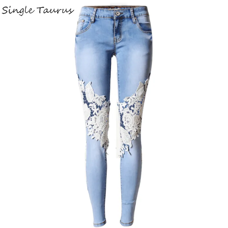 Женские обтягивающие джинсы с низкой талией и кружевами, уличная одежда, сексуальные маленькие синие узкие женские джинсы с эффектом пуш-ап, отбеленные женские джинсы