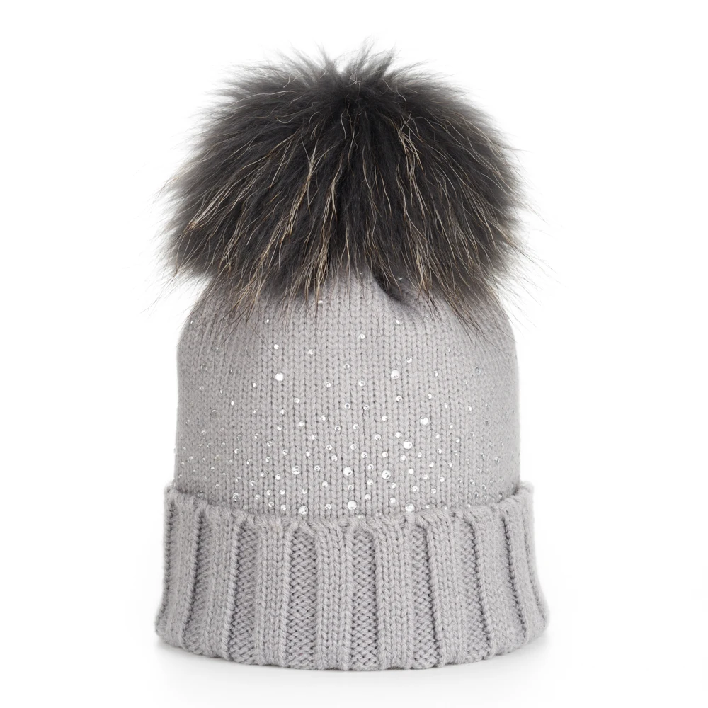 15cm grey pom Хрустальная Детская вязаная шапка, детская теплая шапка с мяч из натурального меха енота, помпоны, От 1 до 6 лет детей - Цвет: 15cm grey pom