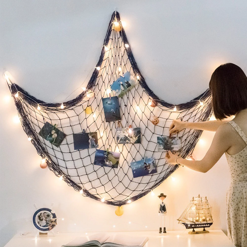 Collage Photo Frames Cards Organizer Fishing Net Pictures Artwork Hanging Seashell Wall Display Decoration DIY Home Ornament