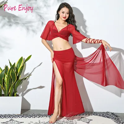 Горячий Продавать Mesh Fairy Belly Dance Костюм Набор для Женщин Танцы Живота Топы и Юбки Свободный Дизайн Большой Танцевальная Команда униформа - Цвет: Красный