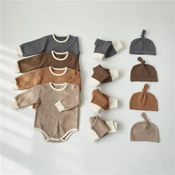

2020 Autumn Winter 3pcs/set Long Sleeve Romper+Striped Pants+Hat For New Born Baby Boy Girls Clothes Cotton Infant Jumpsuits Set