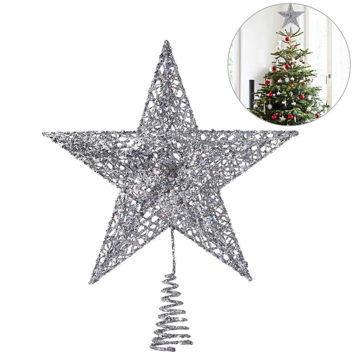 20 см серебряная звезда дерево Топпер Изысканная Мерцающая звезда Рождественская елка Топпер Рождественская елка украшение 5 точечный Звездный Декор
