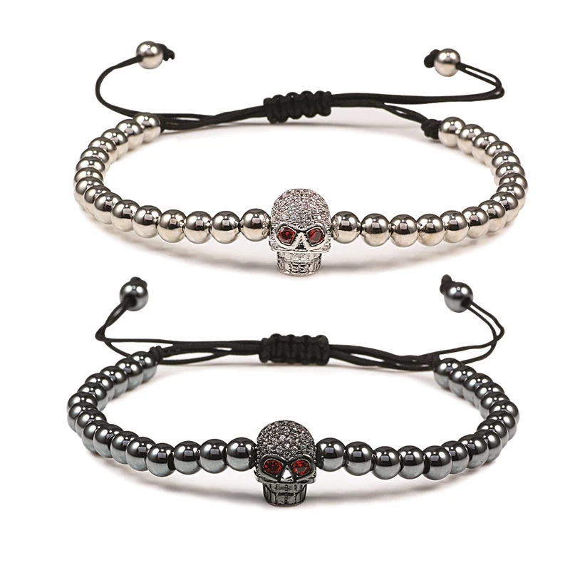 

Charm Skull Head Copper Beads Bracelets Handmade Pave CZ Skeleton Crystal Adjustable Bracelet Punk Wrist Jewelry for Women Men