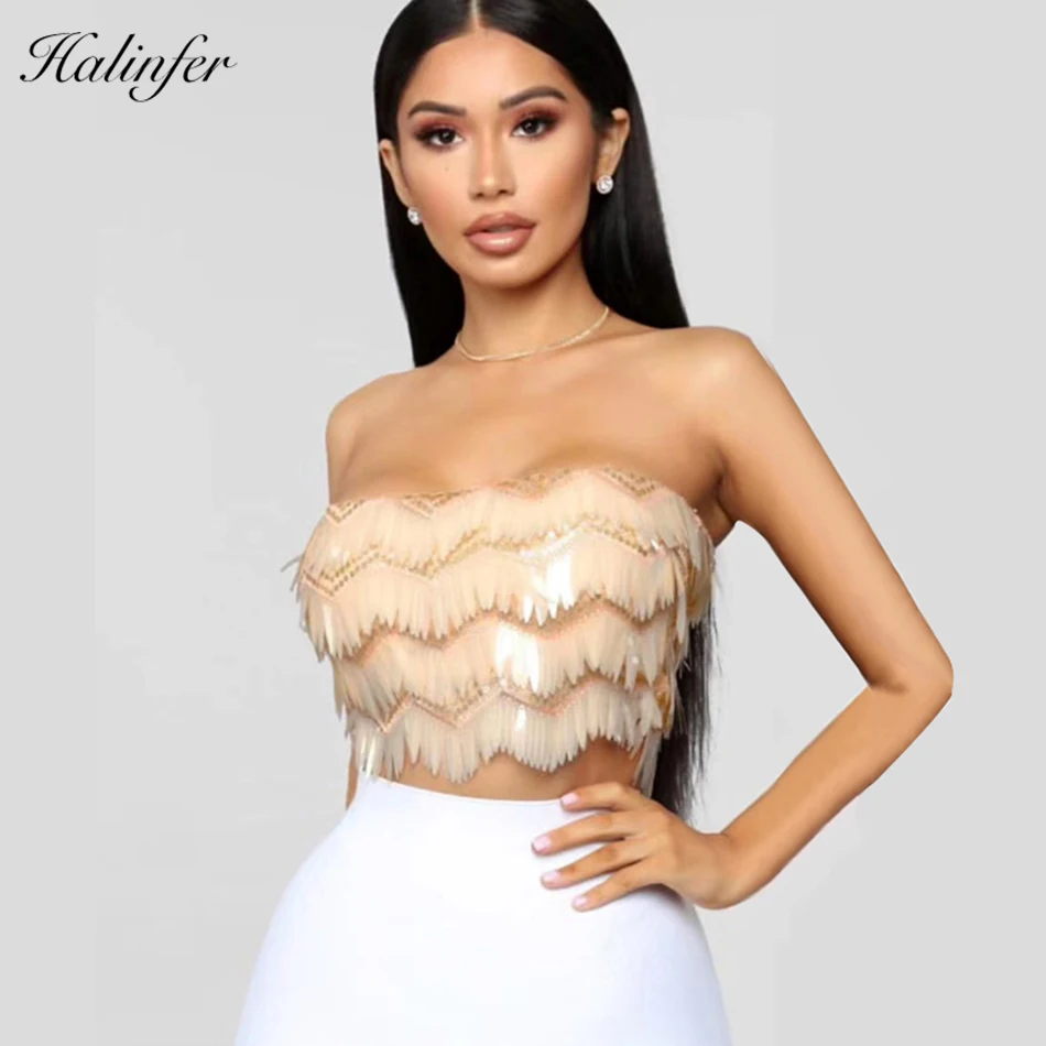 

Halinfer 2018 New summer women tank tops sexy bodycon 2 Colors Sequined bandage tops club celebrity Night party top vestidos