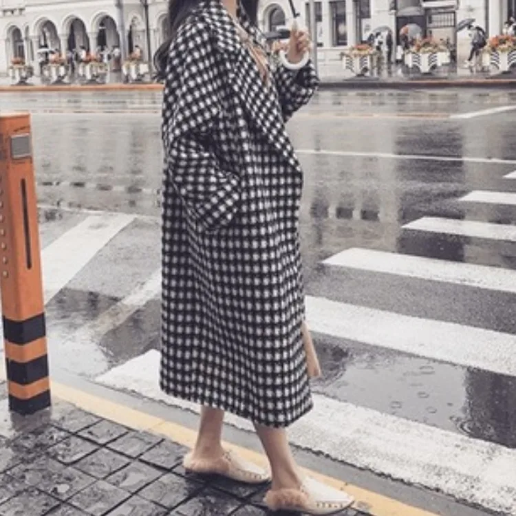

Large Size Dress Thousands of Birds Plaid Overcoat 2019 New Style Fat Mm Mid-length Black And White Winter Woolen Cloth Woolen J