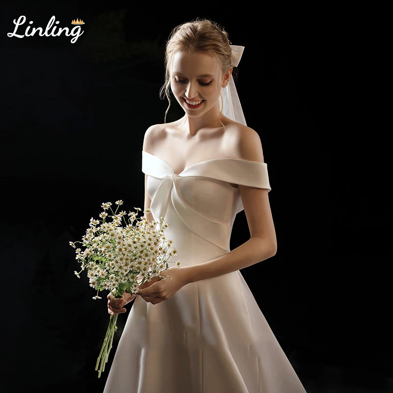 

LINLING New Arrival Boat Neck Satin Wedding dress Marriage Simple vestidos de novia For Wedding Party
