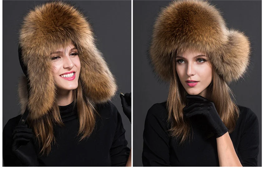 Russia Hot Item Fashion Winter Raccoon&bomber Fox Fur Hat With Ear Flaps For Women Thick and warm Winter Cap mens winter bomber hats