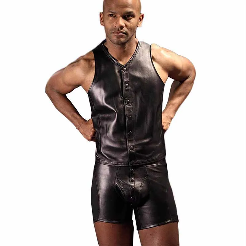 Men's Faux Leather Lingerie Set Sexy Adult Sleeveless Single-Breasted Undershirt Pouch-Short Boxer 2 Pcs Wetlook Men Underwear (3)