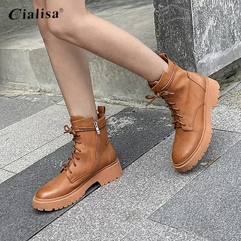 

CIALISA 2020 Shoes Round Toe New Fashion Design Boot Ladies Genuine Leathe Lace Up Mid Heel Motorcycle Yellow Ankle Boot Women