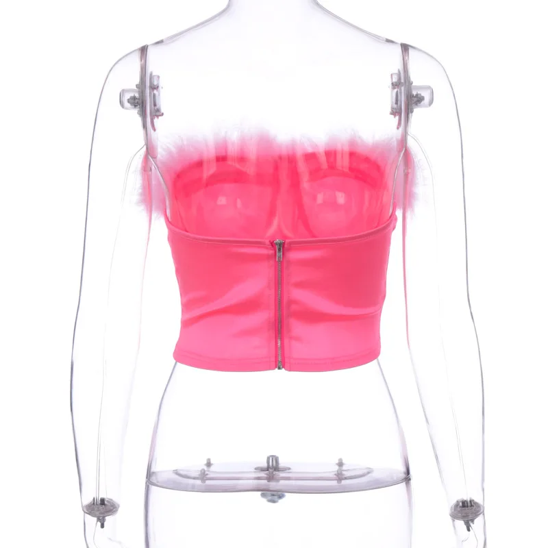 Пикантные розовые топы с пушистым мехом летние женские открытыми плечами и