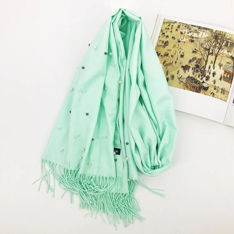 Luxury Brand Scarf Thick Winter Women Scarf Warm Cashmere Star pearl solid Tassel Shawl Wrap Blanket Hijab Lady Scarf Pashmina - Цвет: Light Green