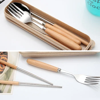

3pcs Wooden Portable Handle Stainless Steel Cutlery Student Set Spoon Chopsticks Set Kitchen Tools Accessories