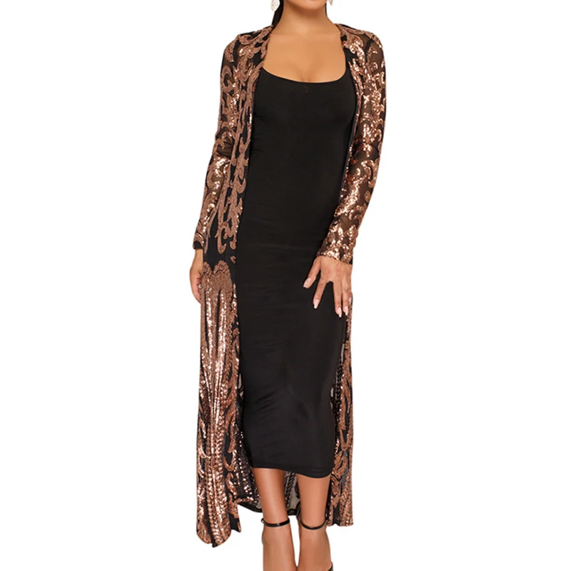 lower price  long coat Women Ladies Sexy Sequin Long Sleeve jacket Spring Autumn tops See-Through vintage elegan