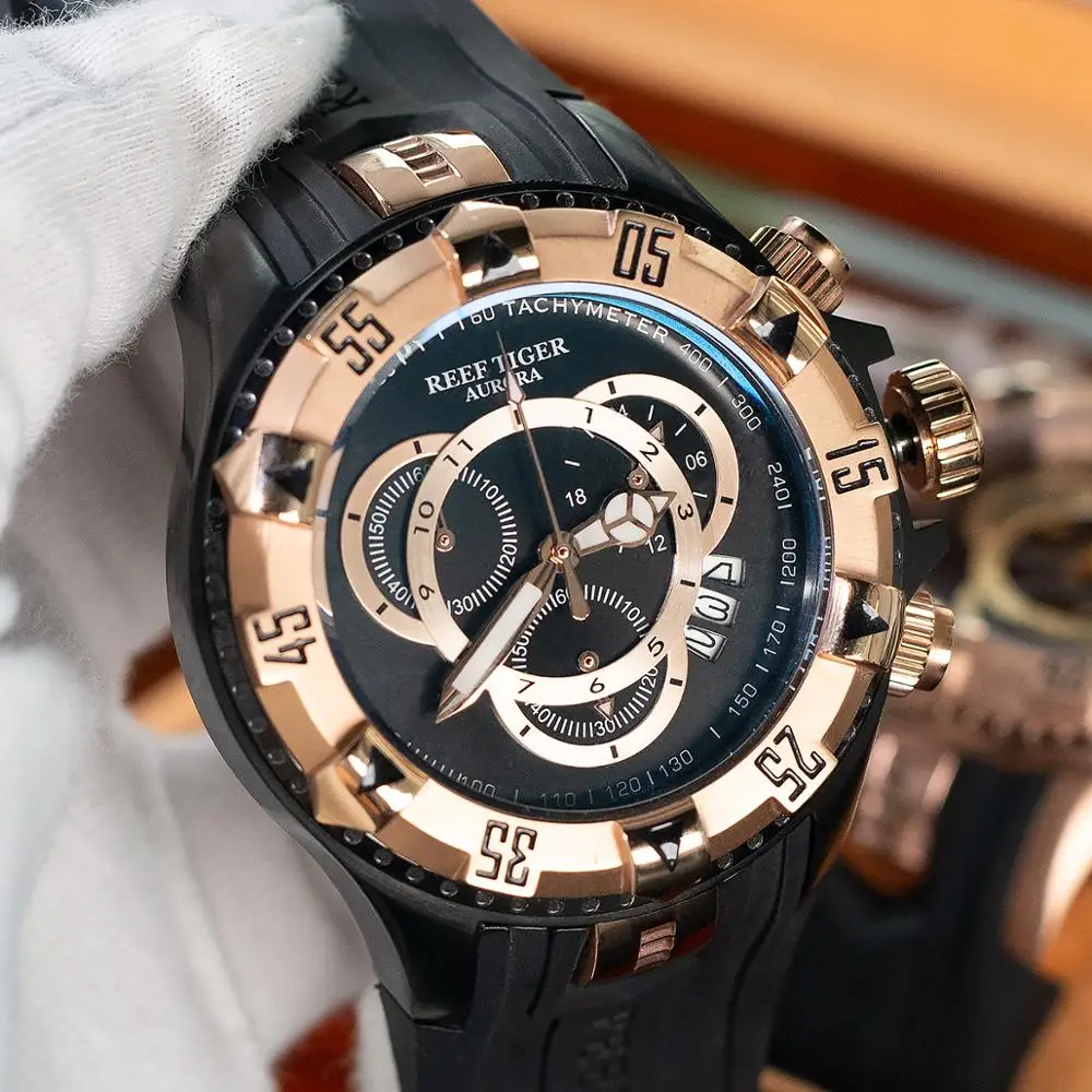 Мужские спортивные водонепроницаемые часы Reef Tiger/RT стальные с хронографом и