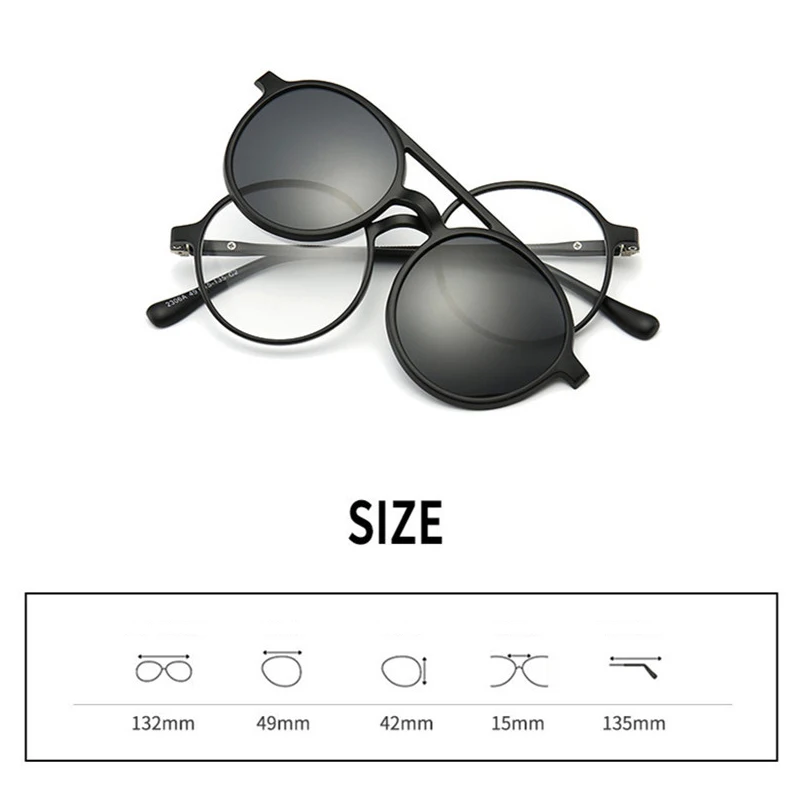 Imixlot 6 In 1 Retro Fashion Round Polarized Optical Frame Magnetic Clip on Sunglasses Unisex Ultra-Light Night Vision Glasses