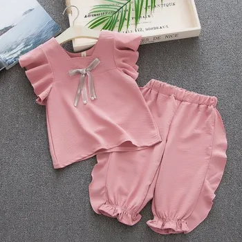 

Summer Children Baby Girls Casual Fly Sleeve Bow Tops T-shirt+Short Pants Suits Costume Set