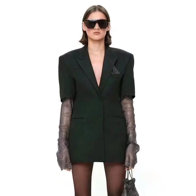 

New Boutique Designer Women's Blazers High Street Luxury Crystal Sleeves Patchwork Runway Ladies Party Outerwear Notched Coats