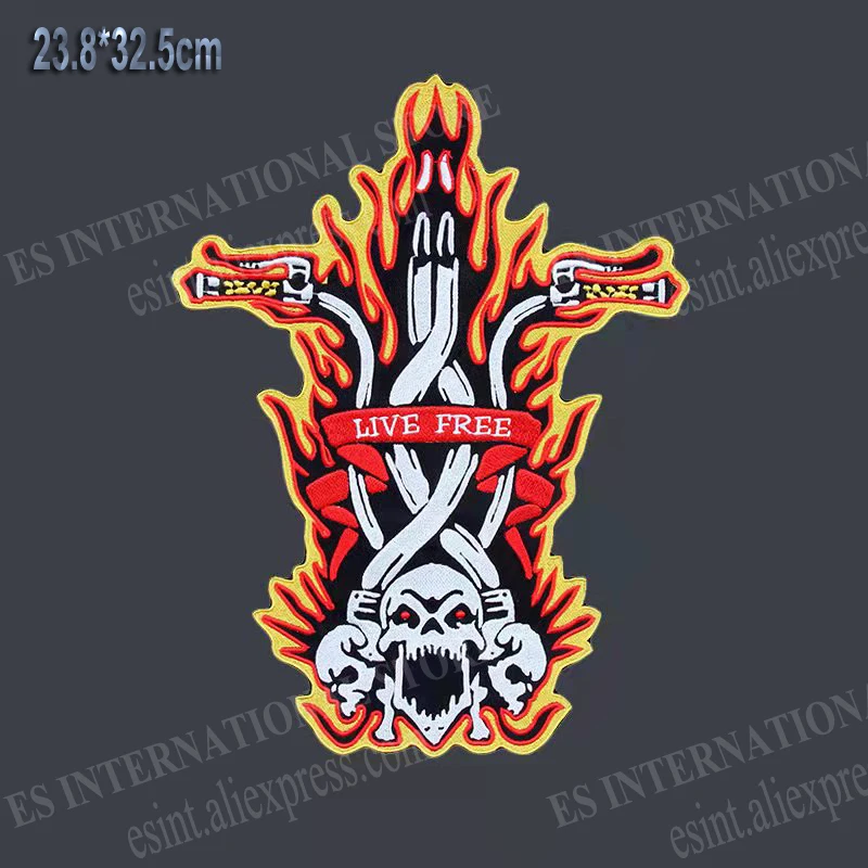 New Iron Cross 3 Skulls Flames Embroidered Motorcycle Biker Iron On Patch