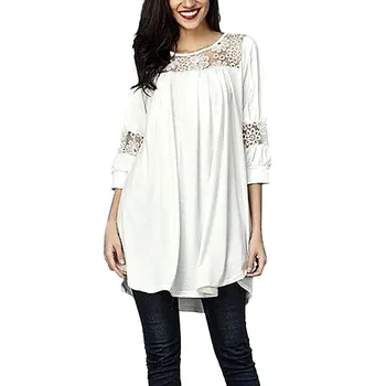 

Women Clothing New T shirt Patchwork Lace Hollow out lady Fashion Loose Casual Tops solid Long Sleeve Shirts Tops T shirt
