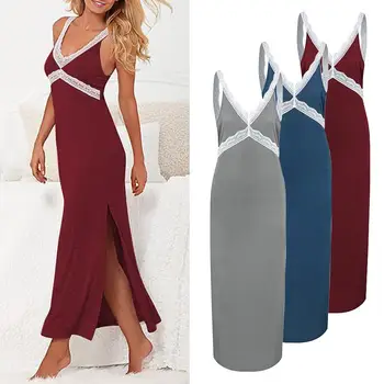 

ZANZEA Summer Women Sleepwear Split Sexy Sling Sleeveless Sundress V Neck Lace Solid Nightdress Fashion Home Dress Plus Size 5XL