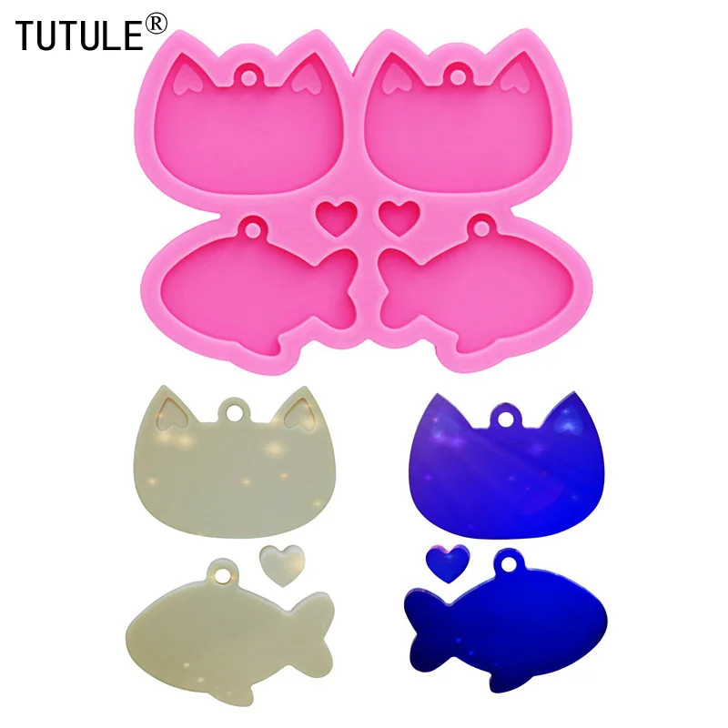 

Mirror Card Pass Cat head fish Earrings Handmade Flexible Silicone Mold Keychain Epoxy Resin earring Polymer Clay baking mold