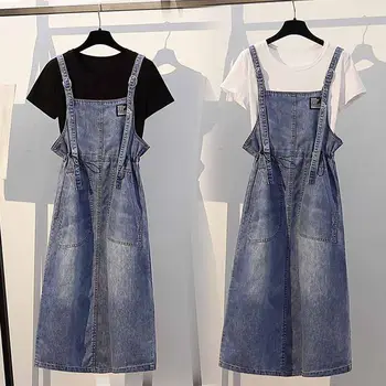 

2020 Summer Korean Large Size Denim Suspender Dress Suit Loose Mid-length Jeans Overall Jumpsuit Dress Set Casual Vestido K578