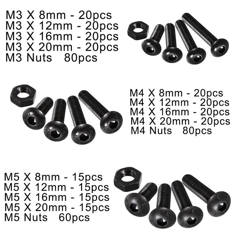 

440pcs M3 M4 M5 Alloy Steel Hex Socket Button Head Cap Bolts Screws Nuts Set