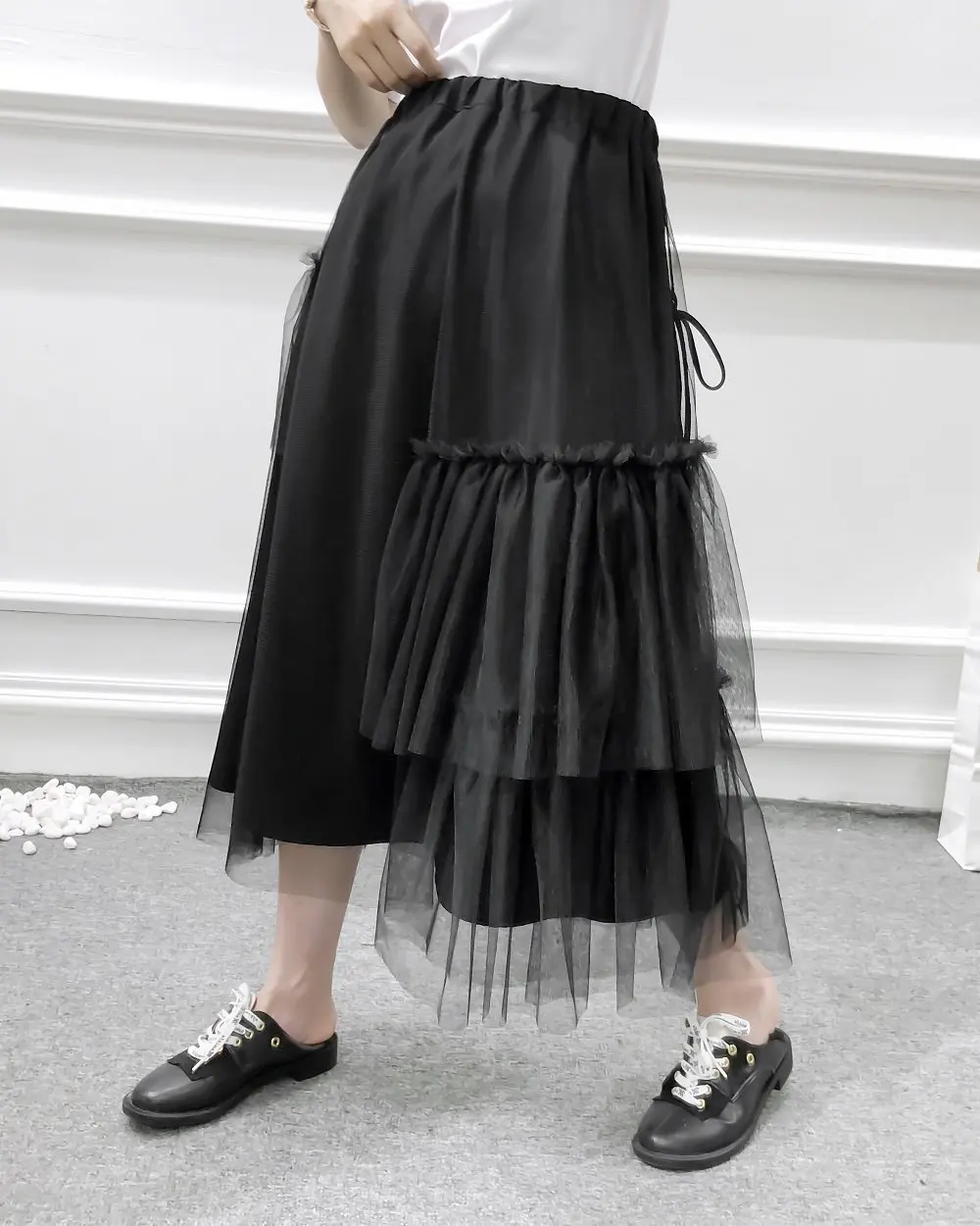 women fashion irregular mesh stitching black asymmetrical skirt autumn female chic casual stylish Skirts vestidos mujer QUN485