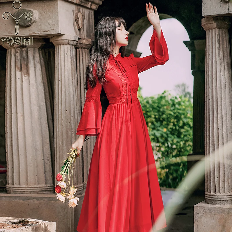 

YOSIMI 2020 Autumn Red Dress Maxi Elegant Chiffon Long Women Dress Stand Neck Fit and Flare Mid-calf Butterfly Long Sleeve Dress