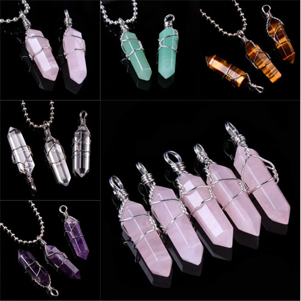 

50PCS Factory Outlet Jewelry Wrapped Pendants Natural Gem Stone Wire Winding Bead For Making Necklace Crystal Hexagonal Pendulum
