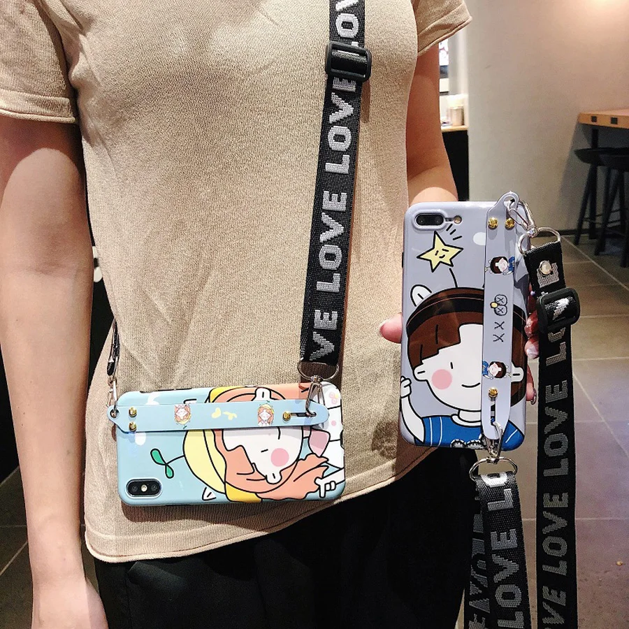 

cartoon strap tpu case for iphone XR X XS MAX 8 7 6 6S plus case cover wristband holder shoulder lanyard soft silicon phone bag