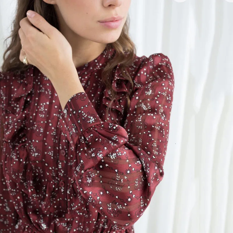 DEAT винно-красное платье с длинными рукавами и круглым вырезом, с оборками, на талии, женское платье с цветочным принтом, повседневная простая Мода, осень, новинка, TV802