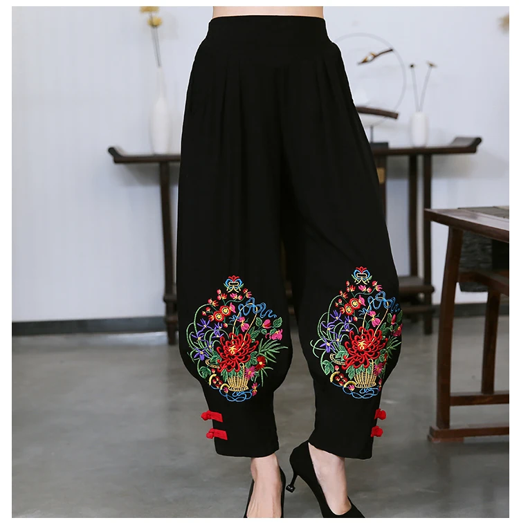 KYQIAO pantalones mujer женские осенние зимние Мехико стиль этнические винтажные длинные черные широкие брюки с вышивкой