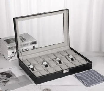 

24 grids top quality black color leather 3 row design men home watch box