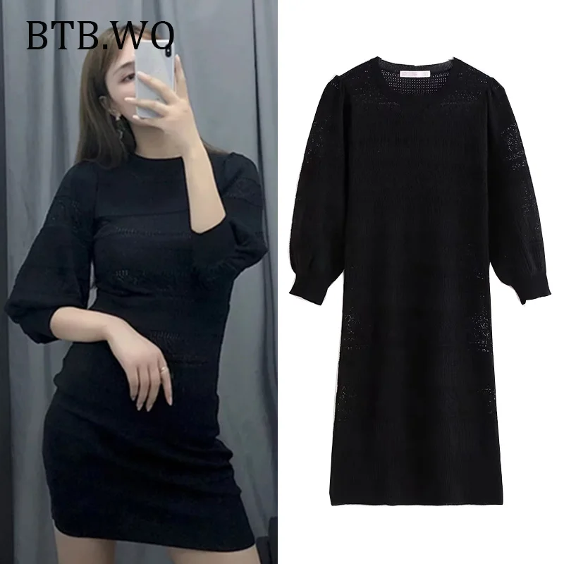 

BTB.WO Women Knitted Dress 2019 autumn Slim black puff sleeve o neck sexy mini dresses vestidos de fiesta party dress