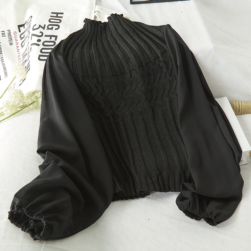 Gaganight лоскутное женский свитер с длинными шифоновыми рукавами Половина Водолазка Ruched пуловеры женский элегантный джемпер сплошной Pull Femme