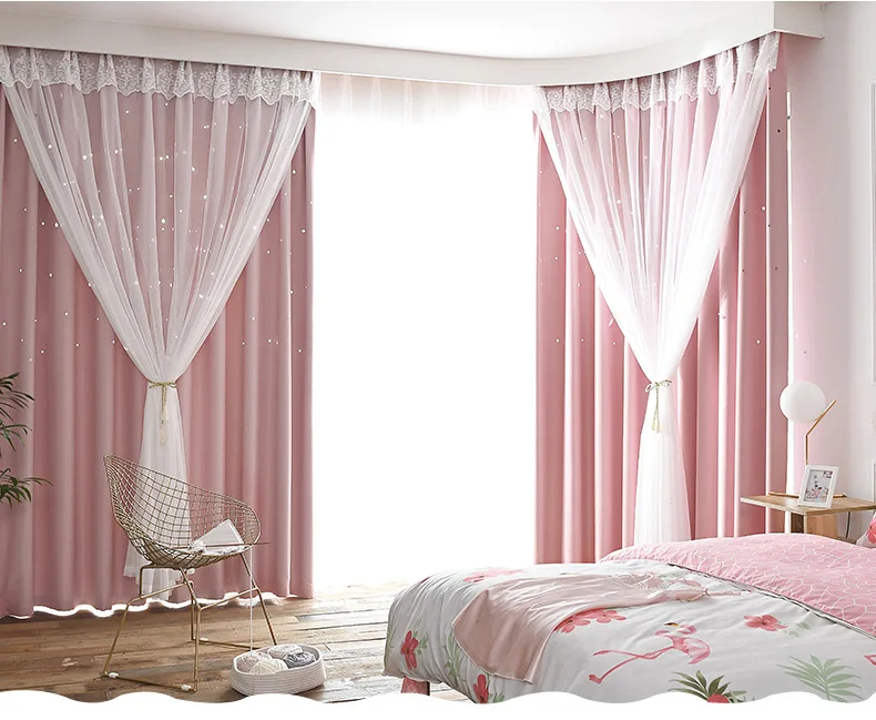 Fashion korean style pink hollow star kids curtains double layer black out window curtains for living room decorative