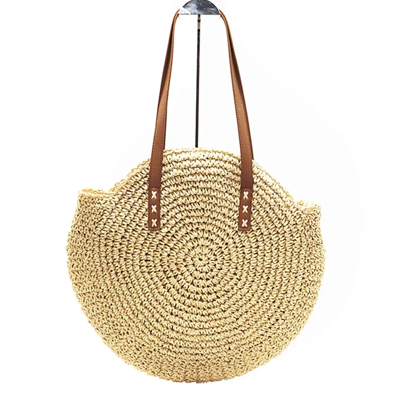 Round Straw Beach Bag Vintage Handmade Woven Shoulder Bag Raffia circle Rattan bags Bohemian Summer Vacation Casual Bags