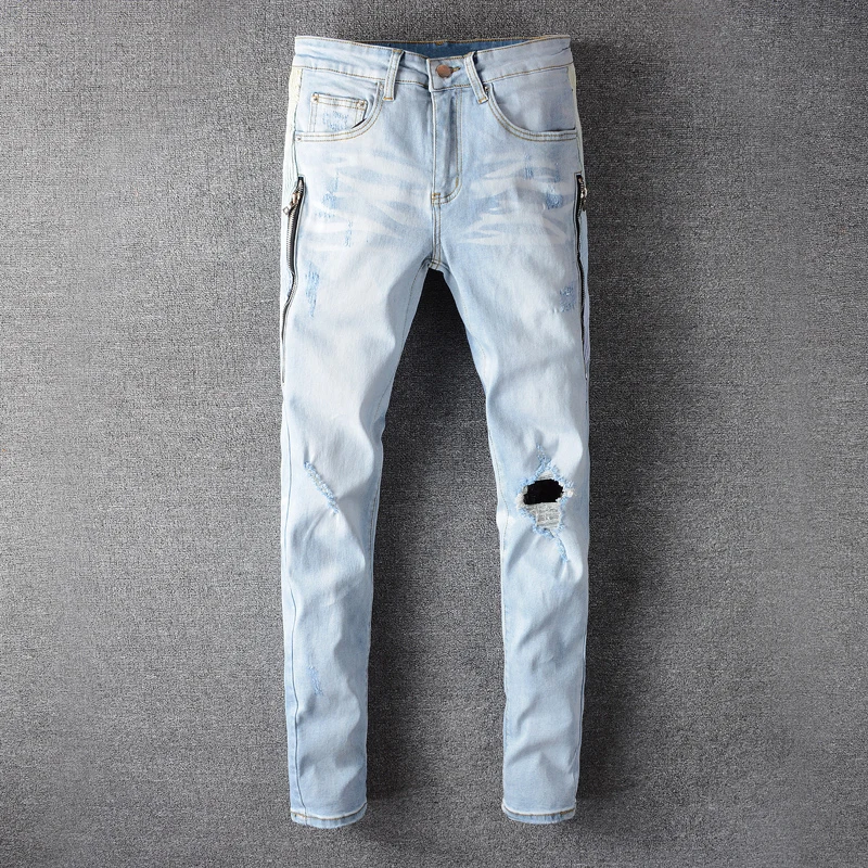 

American Streetwear Fashion Men Jeans Light Blue High Quality Slim Fit Elastic Ripped Jeans Men Punk Pants Hip Hop Jeans Homme