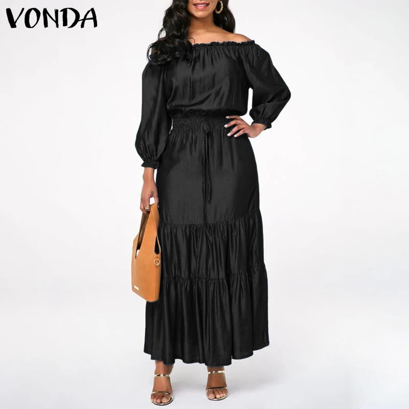 VONDA, женское платье,, рукав-фонарик, богемный стиль, сарафан, повседневное, свободное, Vestidos размера плюс, сексуальное, с открытыми плечами, макси, длинное платье, S-5XL