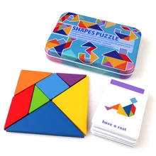 

Children's Wooden Colorful Tangram Iron Box Storage Jigsaw Puzzle Puzzle Early Education Intelligence Number Letter Wooden Toys