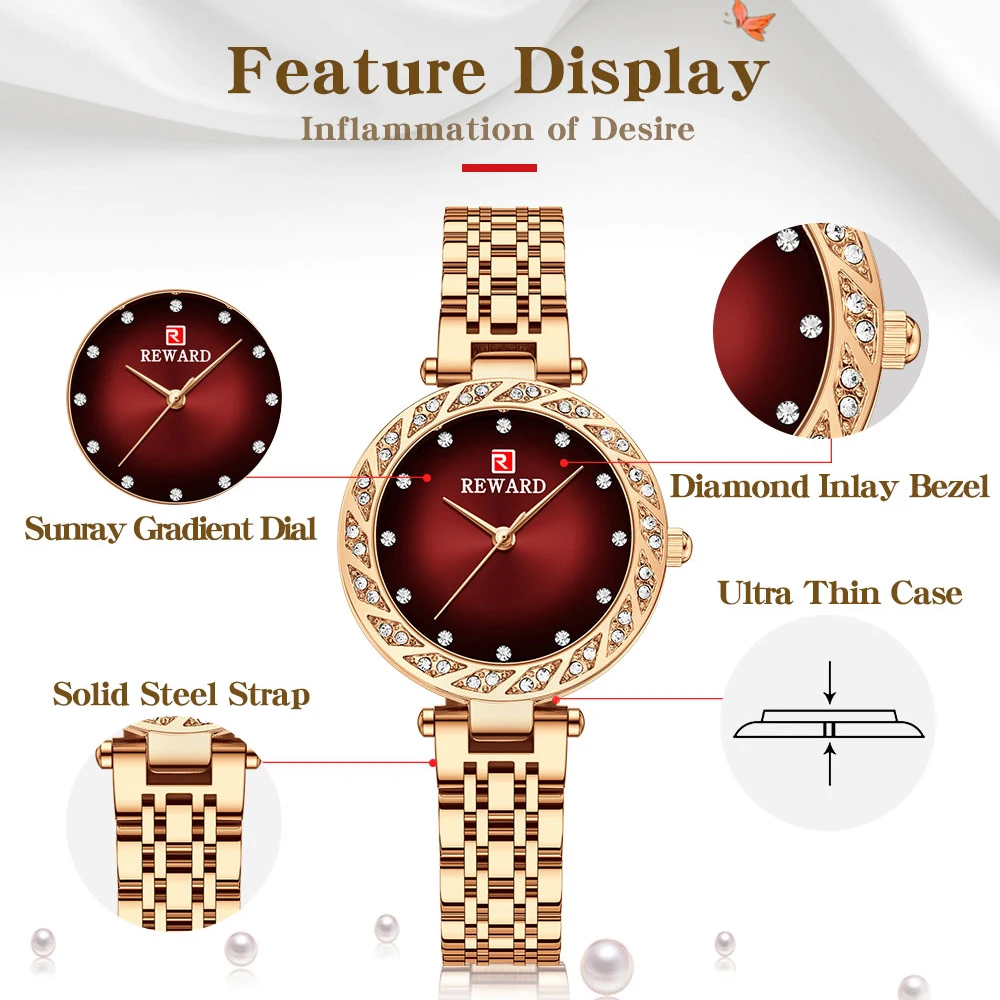 REWARD New Womens Watches Top Brand Waterproof Watch Fashion Ladies Luxury Stainless Steel Quartz Wristwatch Relogio Feminino