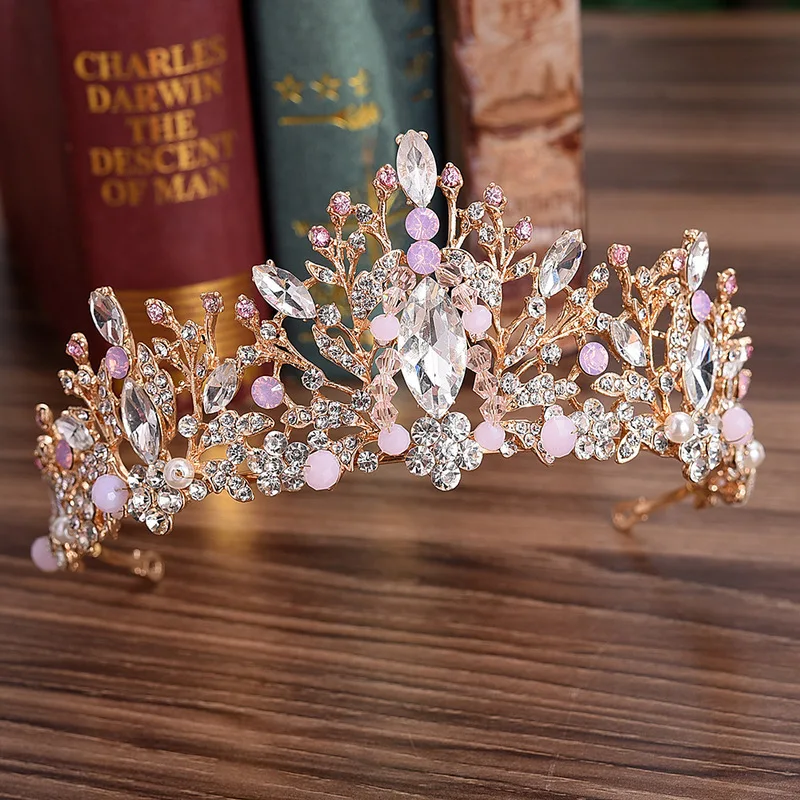 

Wedding Tiara for Bride Bridal Hair Accessories Princess Crown Flower Crystal Headband Pink Jewelry Decoration Diadem Girls